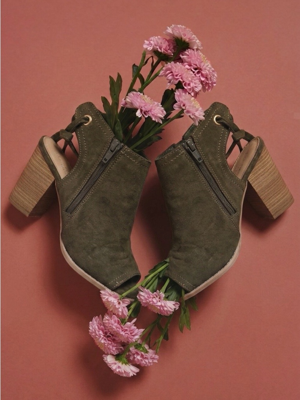 LC Lauren Conrad- Olive Green Faux Suede Open Toe Booties